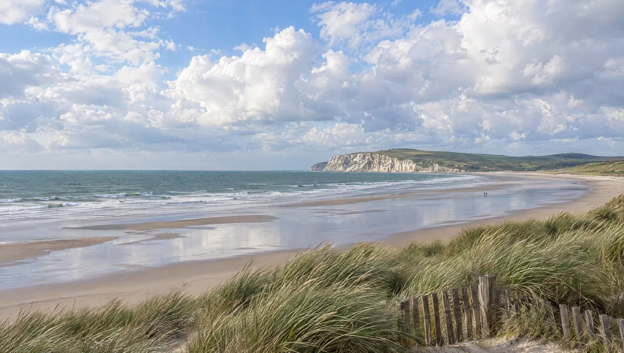 La baie de Wissant à marée basse, les oyats de la dune au premier plan et la falaise blanche du cap Blanc-Nez au fond