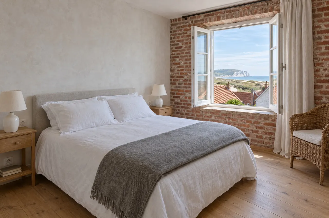 La chambre Blanc-Nez : grand lit en lin blanc, plaid gris, mur de brique et fenêtre ouverte sur les toits et la falaise du Blanc-Nez