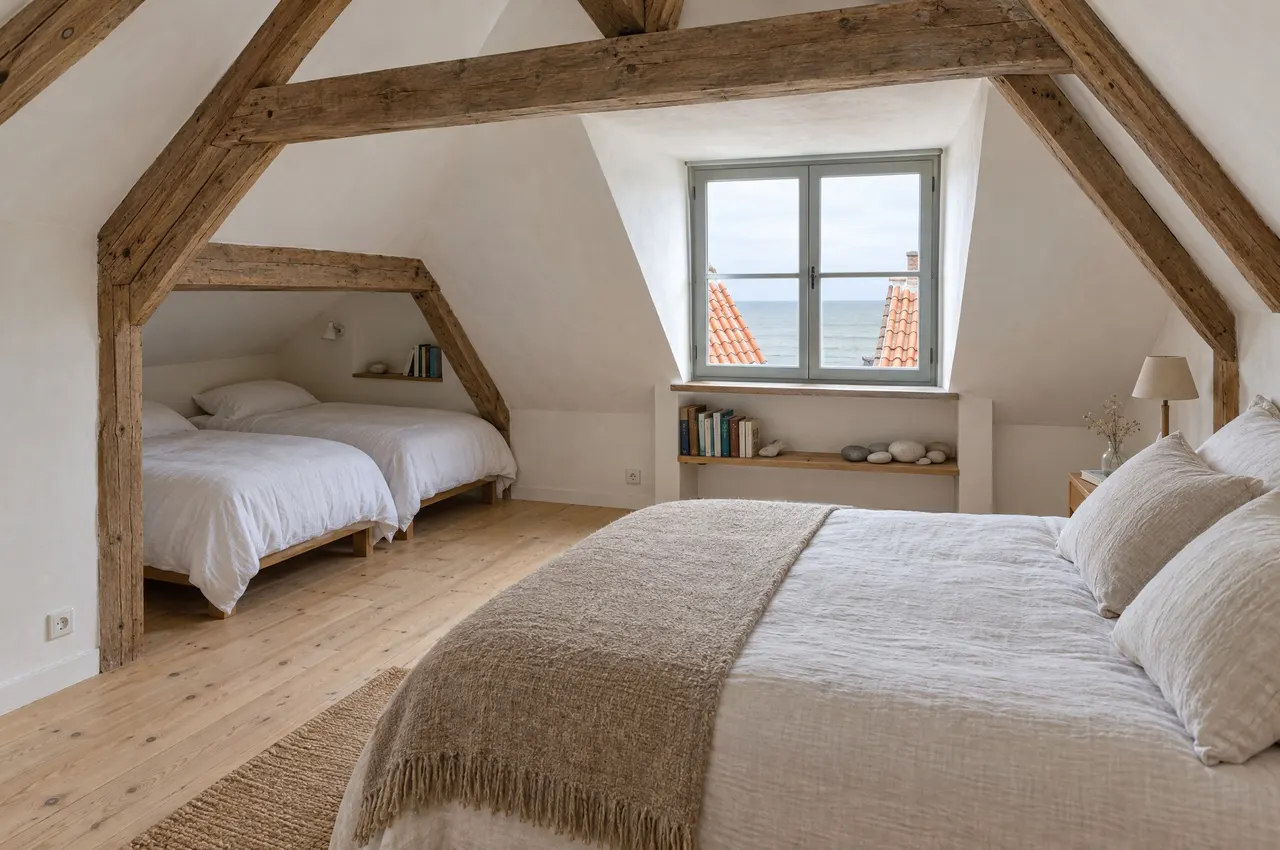 La chambre Flobart sous la charpente de chêne : grand lit, deux lits simples dans l'alcôve et lucarne ouverte sur la mer entre deux toits