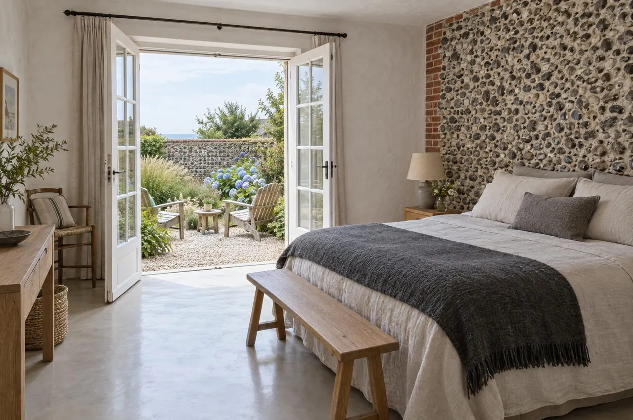 La chambre Galets : mur de galets de mer, grand lit en lin, banc de chêne et porte-fenêtre ouverte sur la terrasse et les hortensias