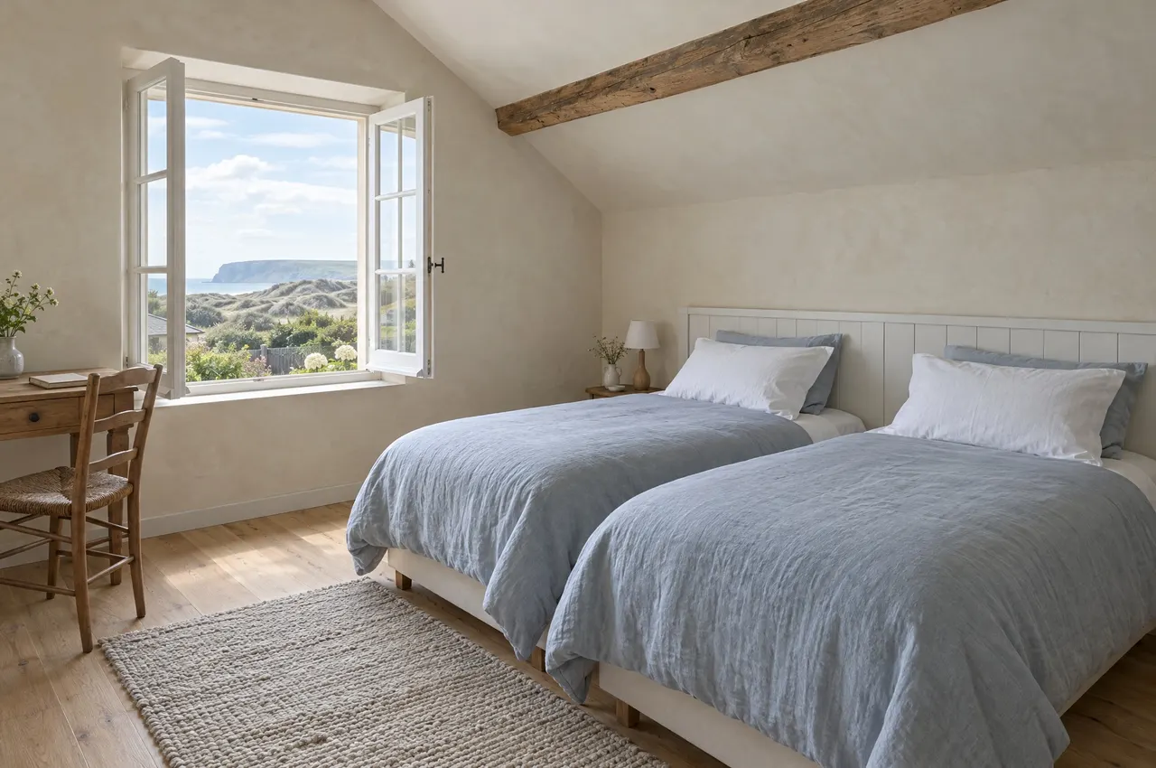La chambre Gris-Nez : deux lits en lin bleu-gris sous une poutre de chêne, fenêtre ouverte sur la dune et un cap sombre
