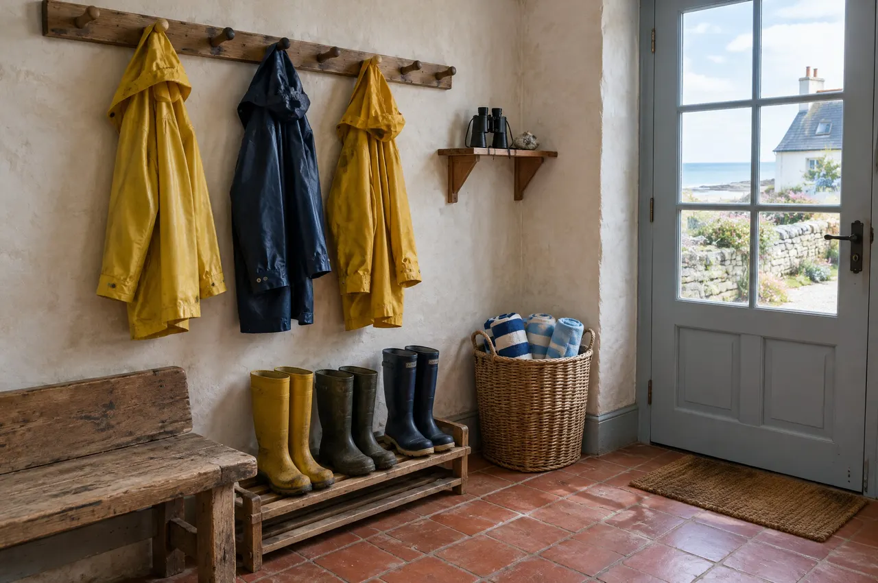 Les cirés jaunes et bleu marine accrochés dans l'entrée, les bottes sur un caillebotis et des jumelles sur une étagère
