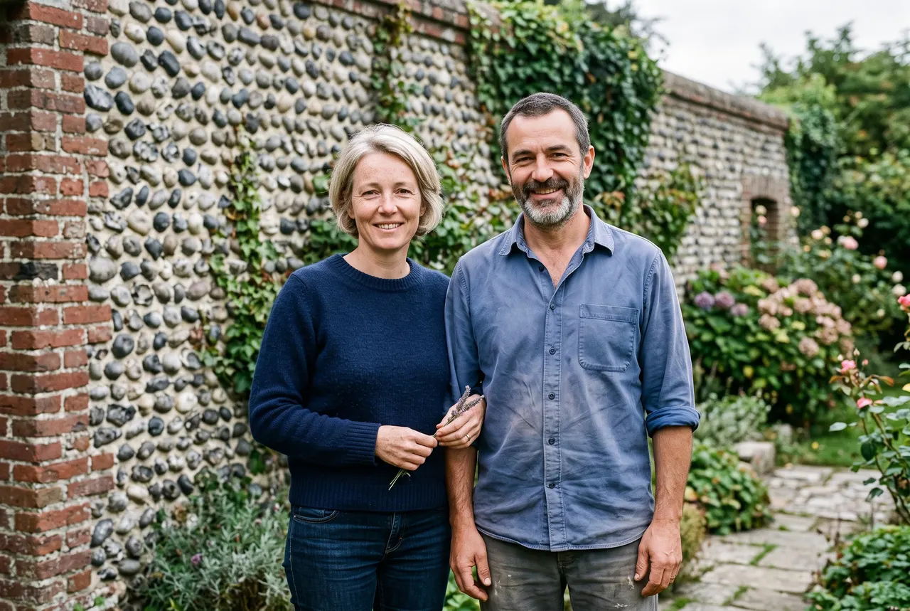 Hélène et Yann Caron devant le mur de galets et de brique du jardin