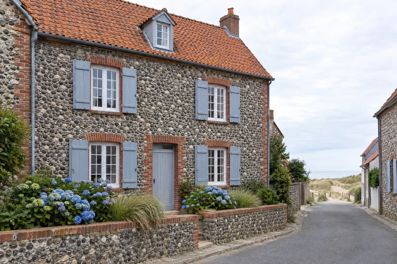 La façade de la maison, murs en galets gris et noirs, encadrements de brique, volets gris-bleu et hortensias derrière un muret de galets