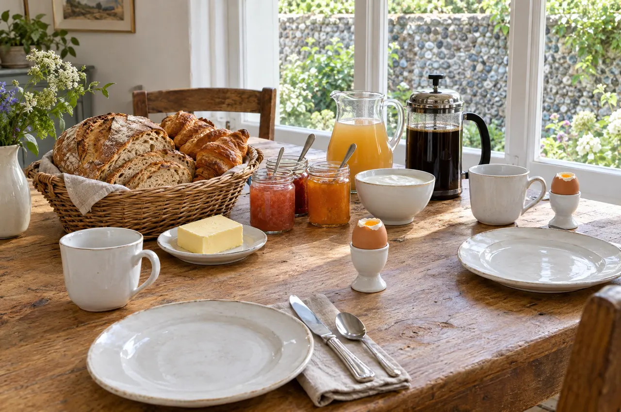 Une table de petit-déjeuner : pain de campagne, croissants, beurre, trois confitures maison, yaourt, jus de pomme et café, devant un mur de galets