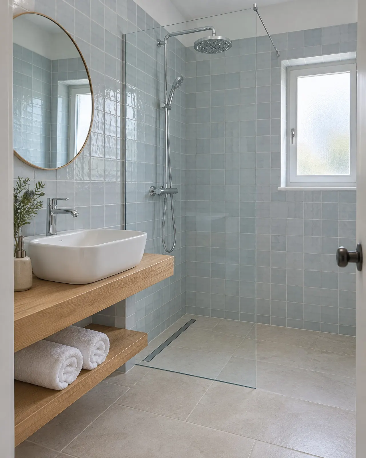 La salle d'eau de la chambre Gris-Nez : douche à l'italienne, carreaux bleu-gris, vasque sur une étagère en chêne