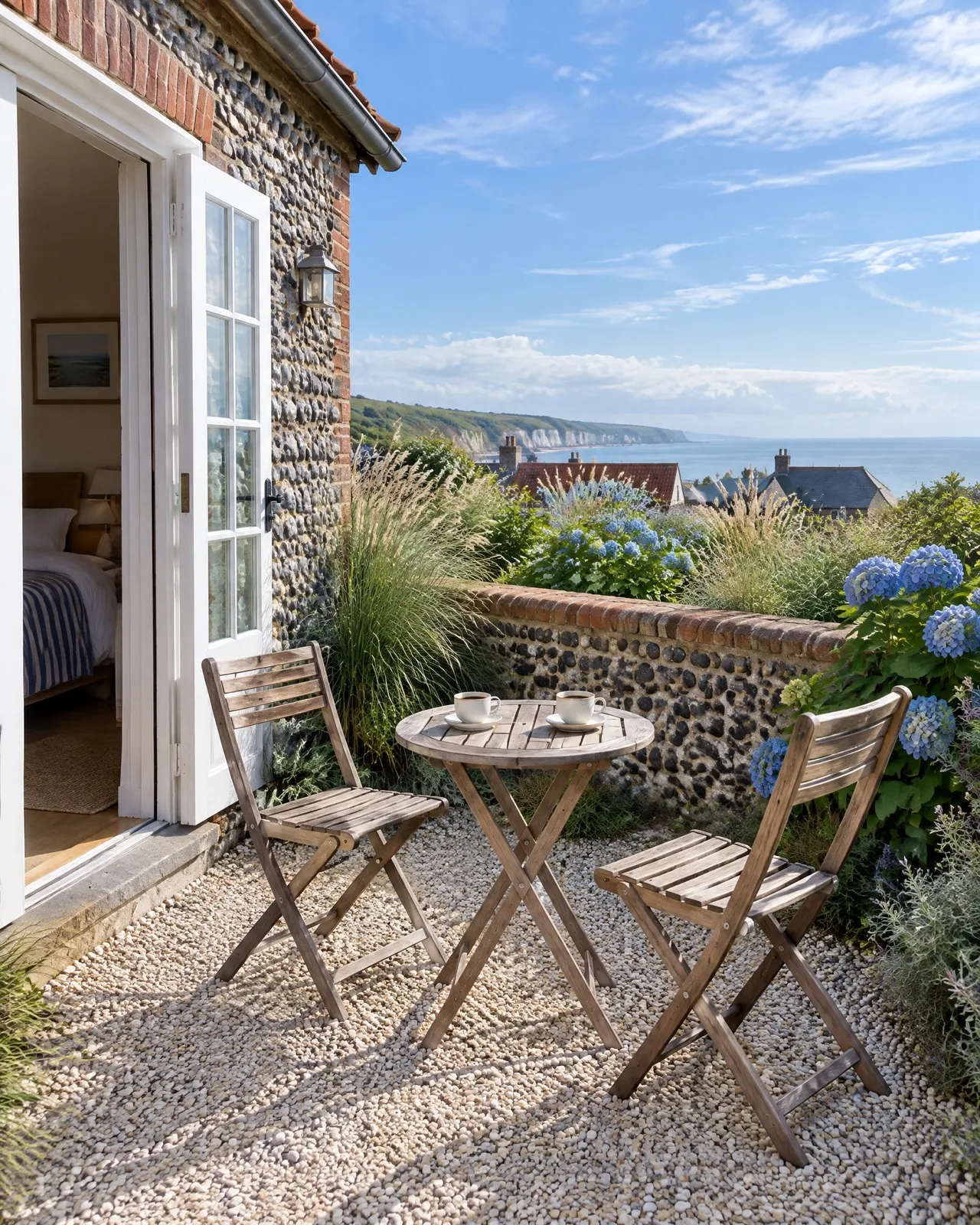 La terrasse de la chambre Galets : deux chaises pliantes, une table ronde et deux tasses, devant le muret de galets